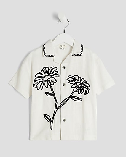 Mini Boys White Linen Blend Flower Shirt