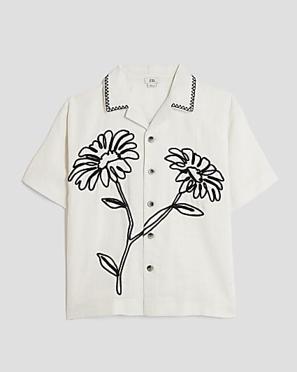 Boys Ecru Linen Blend Corded Flower Shirt