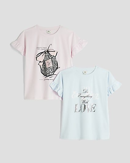 Girls Blue Frill T-Shirt Pack of 2