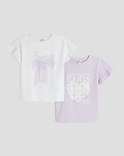 Girls Purple 2 Pack Frill T-shirts