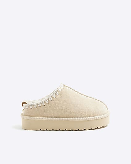 Girls Beige Whipstitch Platform Mules