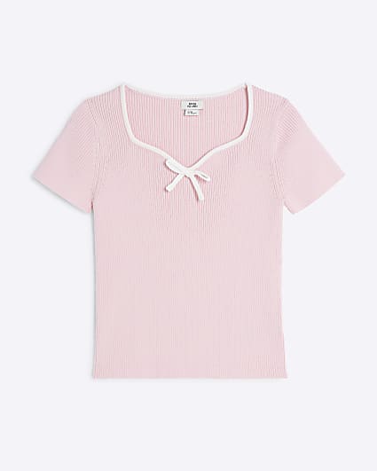 Girls Pink Knit Sweetheart Bow T-Shirt