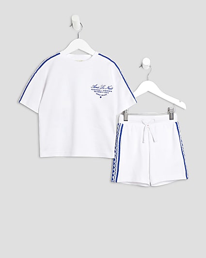 Mini Boys White Tile Print Taped T-Shirt Set