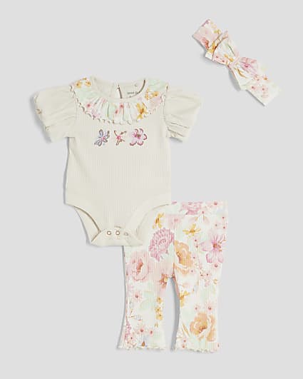 Baby Girls Cream Floral Print Babygrow Set