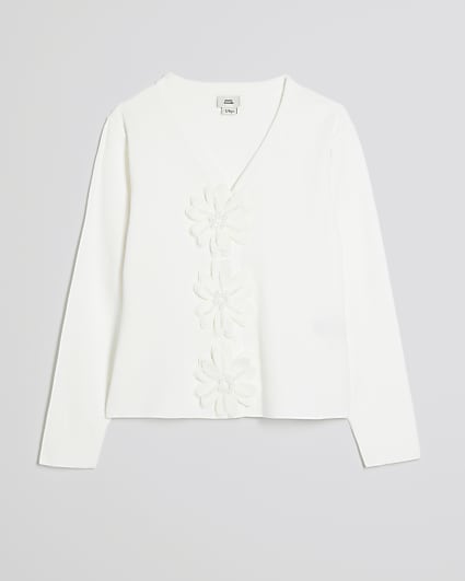 Girls White 3D Flower Cardigan