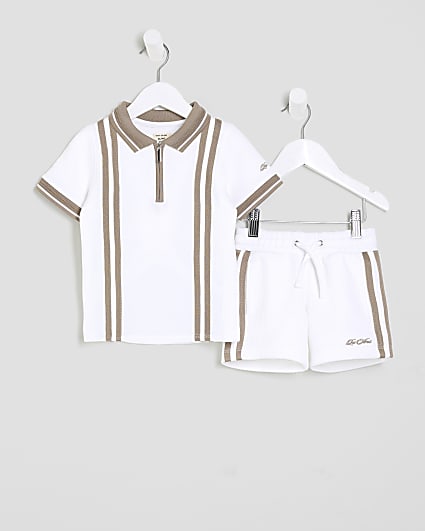 Mini Boys White Textured Stripe Polo Set