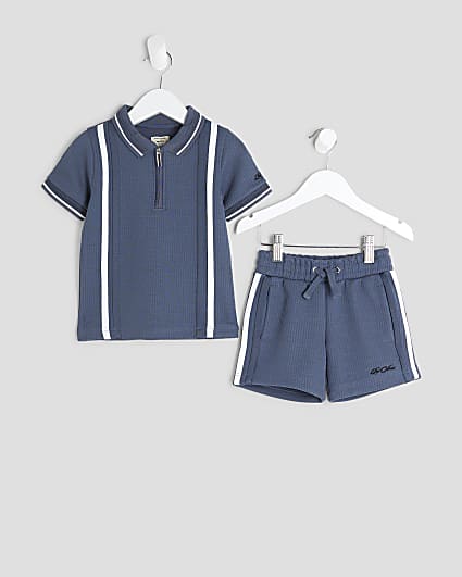 Mini Boys Blue Textured Stripe Polo Shirt Set