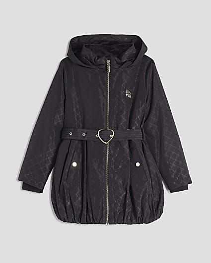 Girls Black Monogram Bubble Hem Hooded Coat