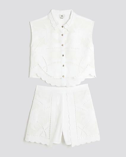 Girls White Palm Tree Cutwork Shirt Set