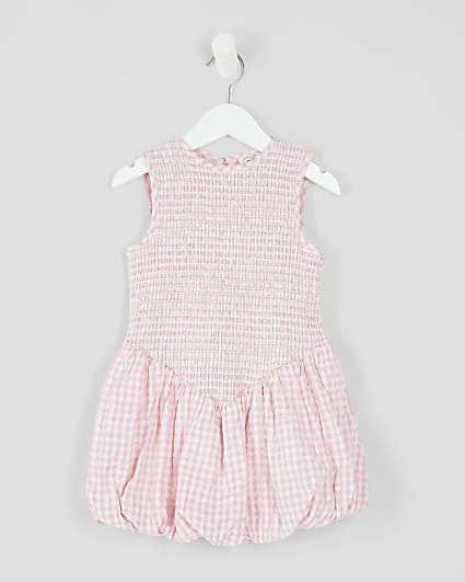 Mini Girls Pink Check Shirred Dress