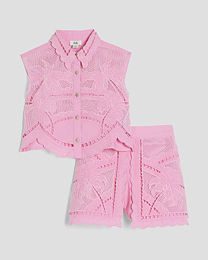 Mini Girls Pink Palm Cutwork Shirt Set