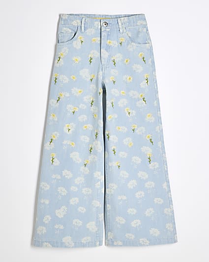 Girls Blue Denim Daisy Floral Wide Leg Jeans