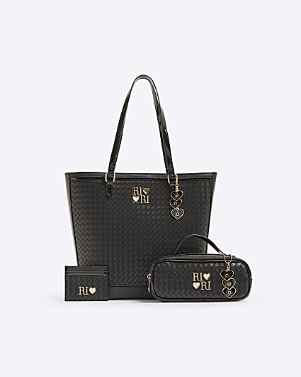 Girls Black Woven Shopper Bag Bundle