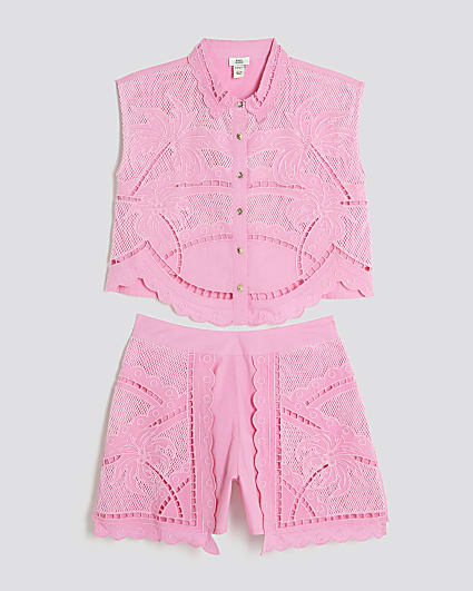 Girls Pink Palm Tree Cutwork Shirt Set