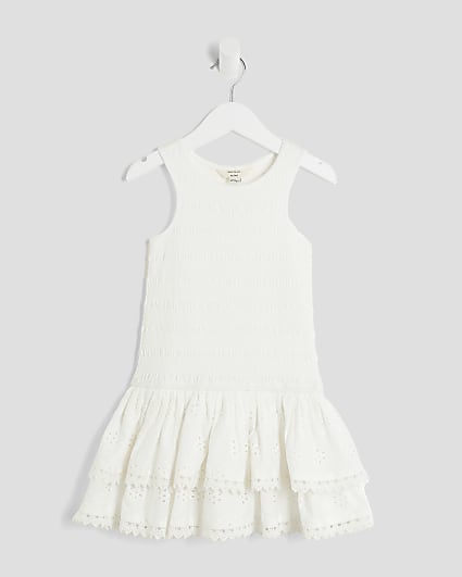 Mini Girls White Shirred Broderie Rara Dress