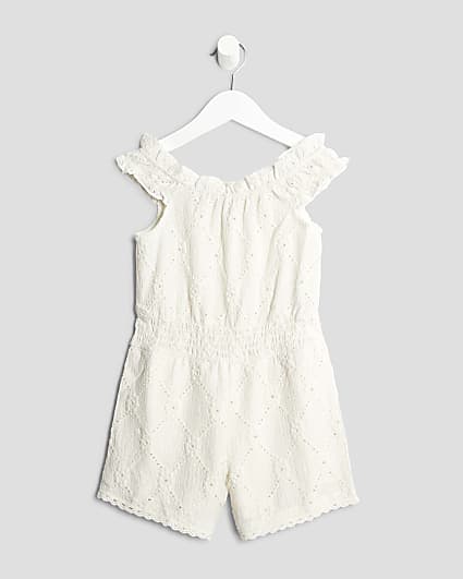Mini Girls Cream Shirred Textured Playsuit