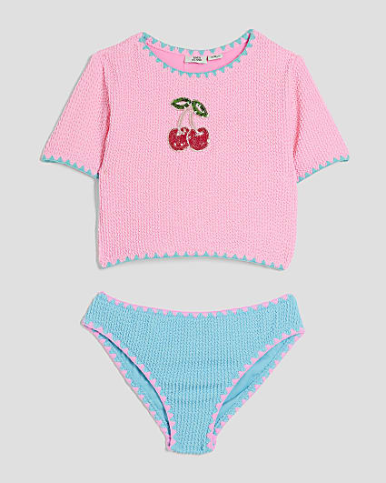 Girls Pink Cherry T-shirt Bikini Set