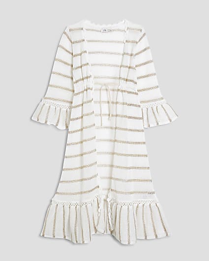 Girls White Knitted Stripped Maxi Kaftan