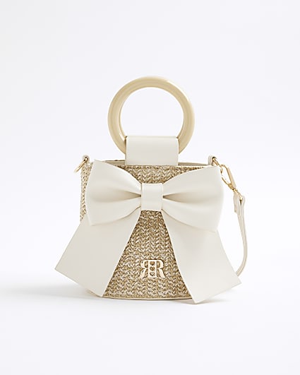 Girls Beige Raffia Bow Bucket Bag