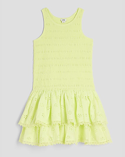 Girls Green Shirred Broderie Rara Dress