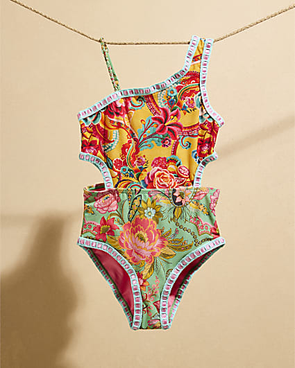 Girls Yellow Floral Del Maar Cut Out Swimsuit
