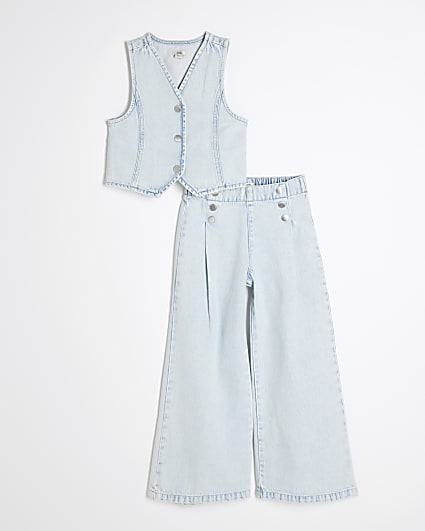 Girls Blue Denim Waistcoat And Jeans Set