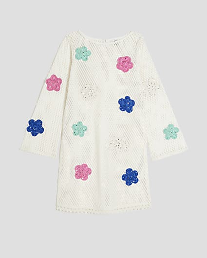 Girls Cream Crochet Floral Dress