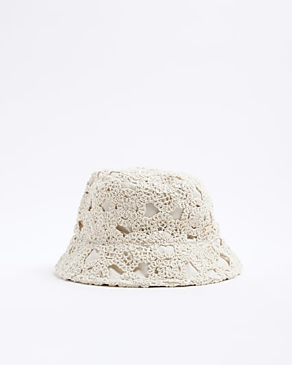 Girls Beige Sequin Crochet Bucket Hat
