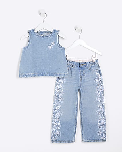 Mini Girls Blue Denim Embroidered Set