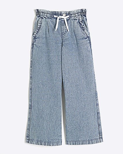 Girls Blue Wide Leg Drawstring Jeans