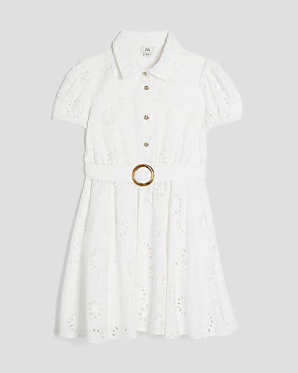 Girls White Broderie Belted Shirt Dress