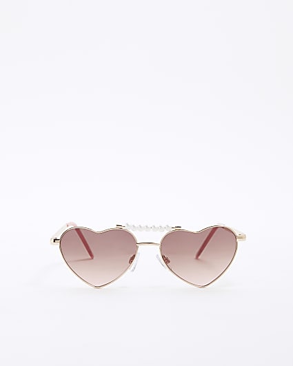 Girls Beige Metal Pearl Heart Sunglasses