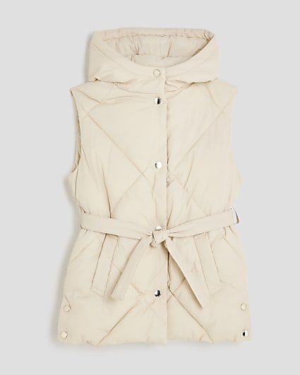 Girls Cream Belted Quilted Hooded Gilet