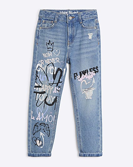 Girls blue embellished straight jeans River Island