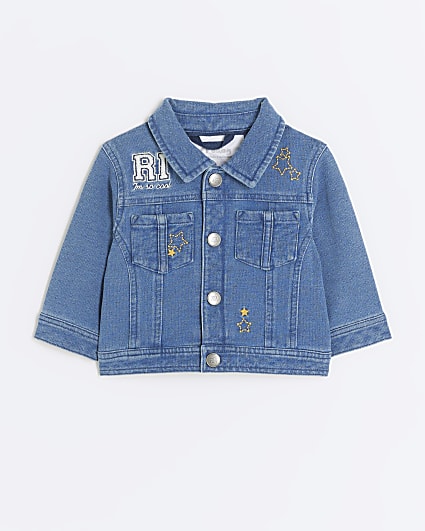 Mini blue hooded denim trucker jacket River Island