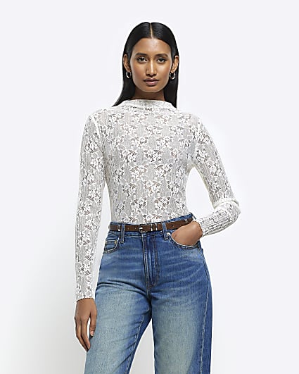 Black lace long sleeve top River Island