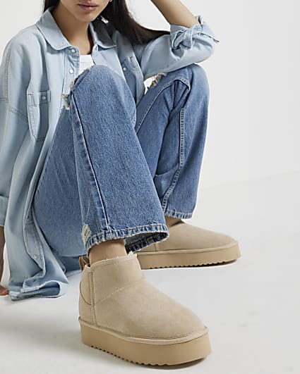 Stone suede fringe detail western boots River Island