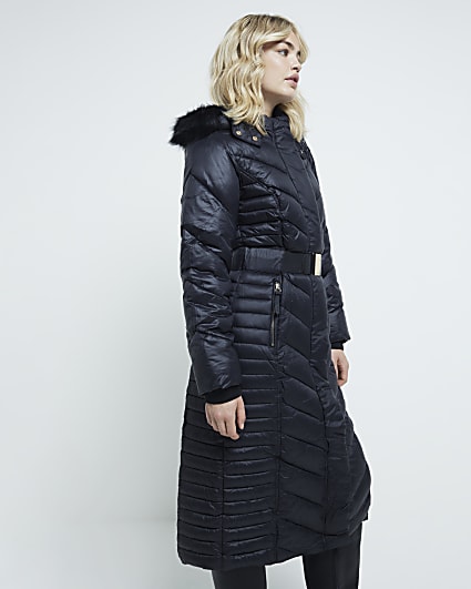 Black padded longline coat River Island