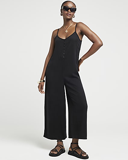 Black satin one shoulder wide leg jumpsuit River Island