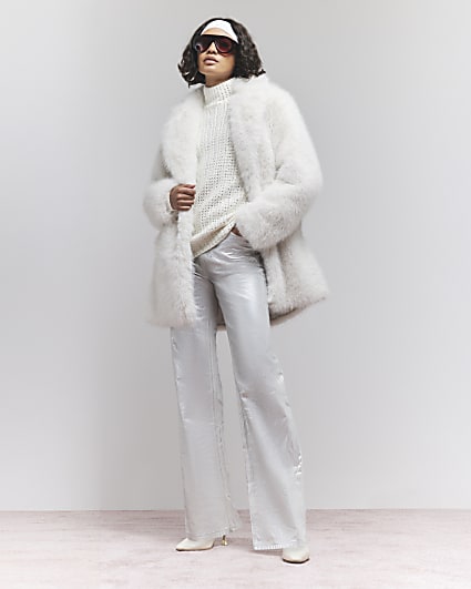 Grey mid length faux fur coat | River Island Grey mid length faux fur coat | River Island