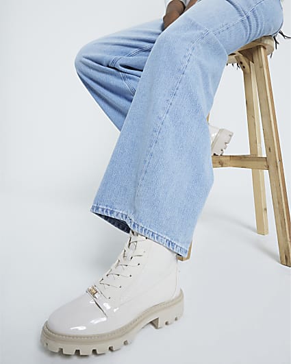 Cream wide fit lace up ankle boots