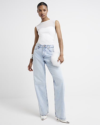 Blue high waisted relaxed straight leg jeans