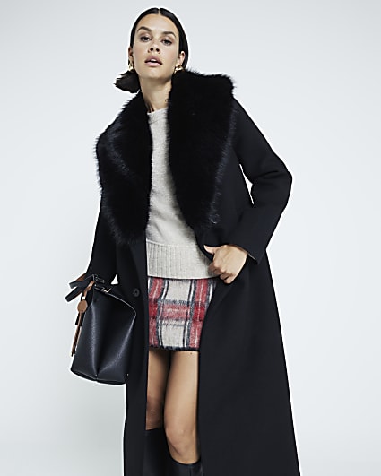 Black faux fur trim coat River Island