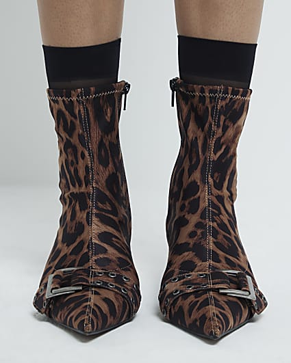 Beige leopard print heeled ankle boots River Island
