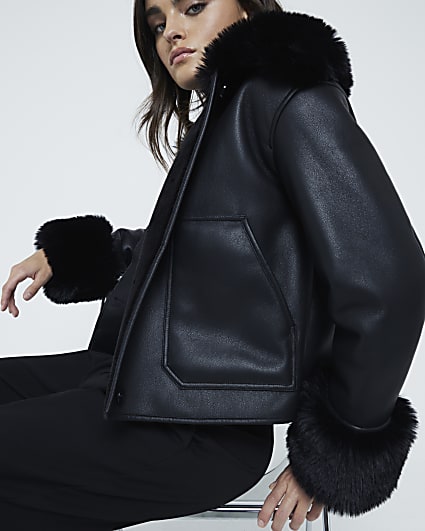 Black faux fur trim biker jacket River Island