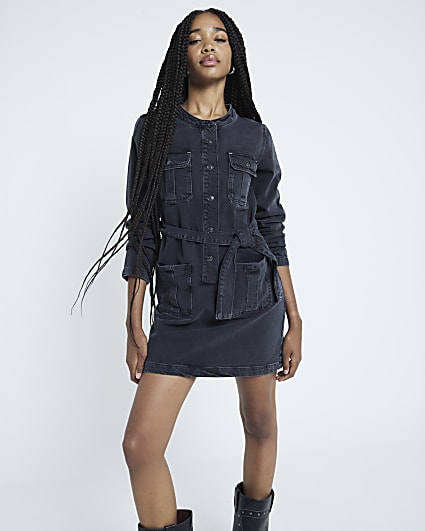 Black Utility Belted Midi Shirt Dress River Island