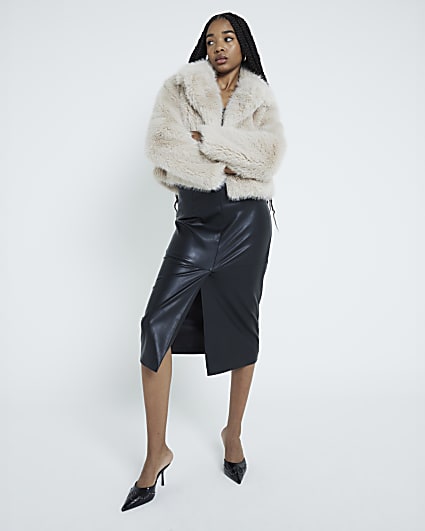 Black faux leather tailored midi skirt River Island