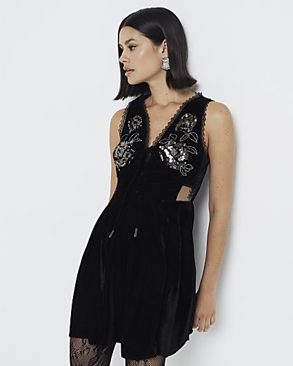 Black flower embellished skater midi dress River Island