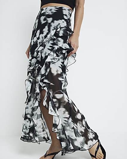 Brown chiffon leopard frill maxi skirt River Island