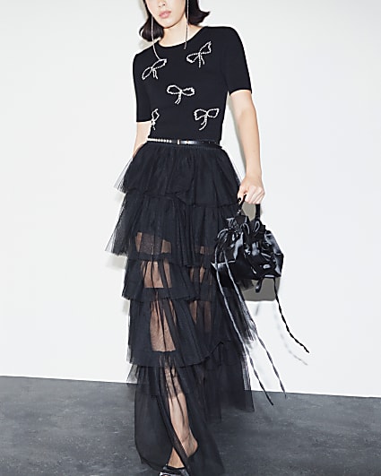 Black Tiered Maxi Skirt River Island